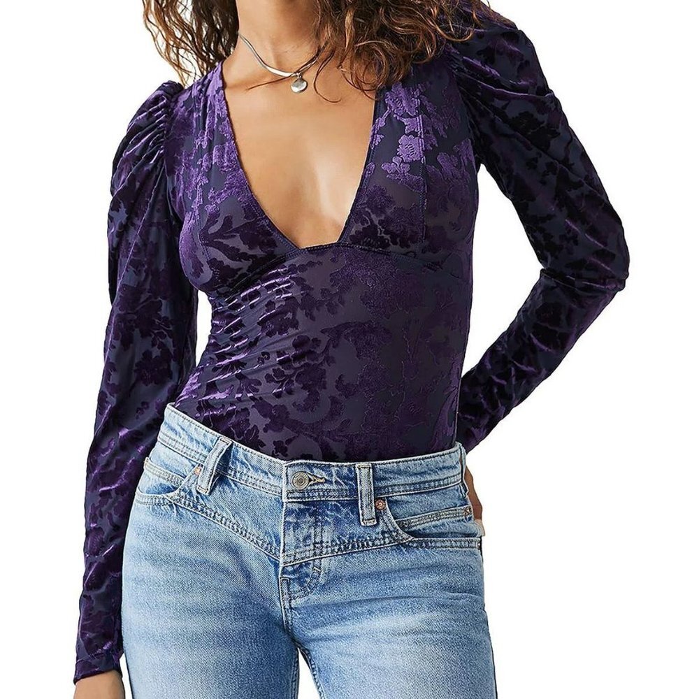 Intimately Free People Magic Hour Bodysuit Women Size XS Purple Velvet Puff‎ - Picture 16 of 16